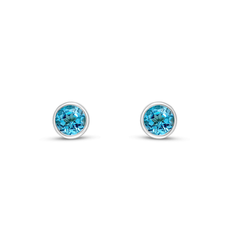 9ct White Gold Swiss Blue Topaz 4mm Round Rubover Stud Earrings