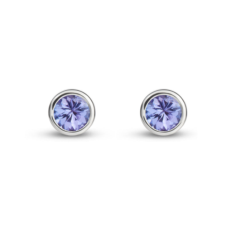 9ct White Gold Tanzanite 4mm Round Rubover Stud Earrings