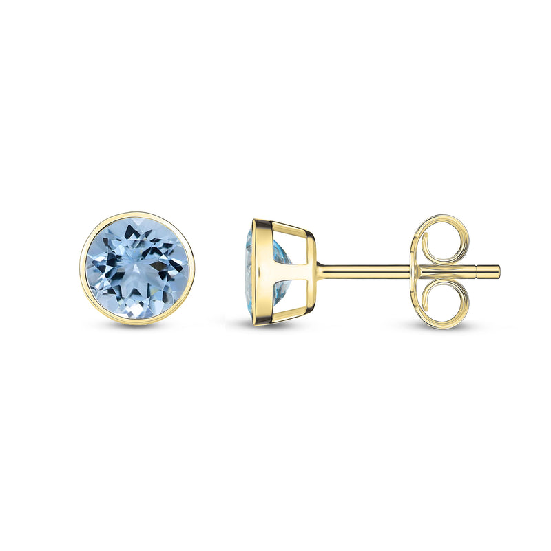 9ct Yellow Gold 5mm Aquamarine Rub Over Stud Earrings