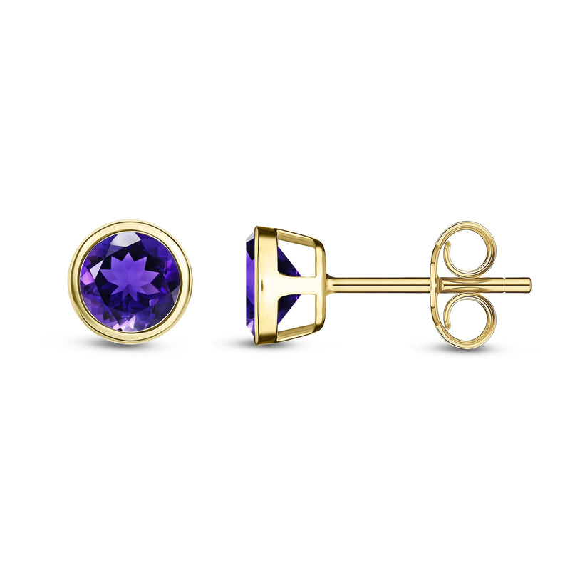 9ct Yellow Gold Amethyst 5mm Round Rubover Stud Earrings