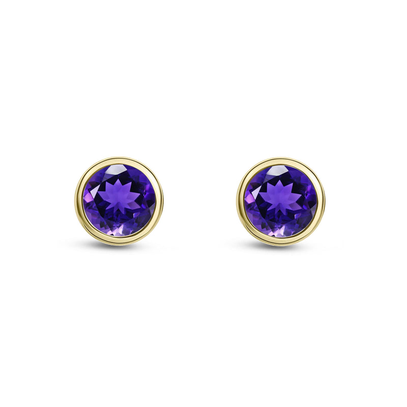 9ct Yellow Gold Amethyst 5mm Round Rubover Stud Earrings