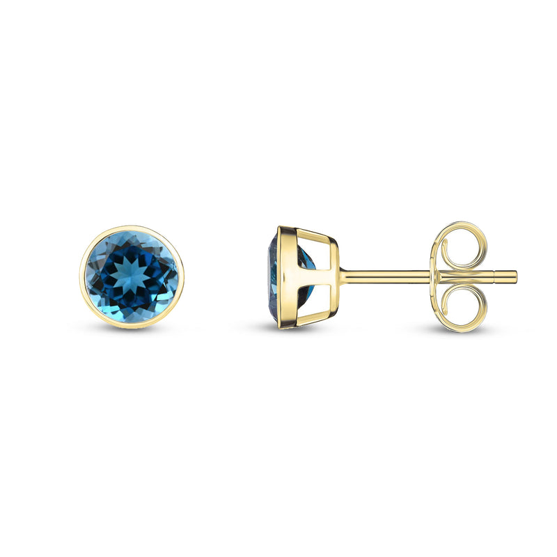 9ct Yellow Gold London Blue Topaz 5mm Round Rubover Stud Earrings