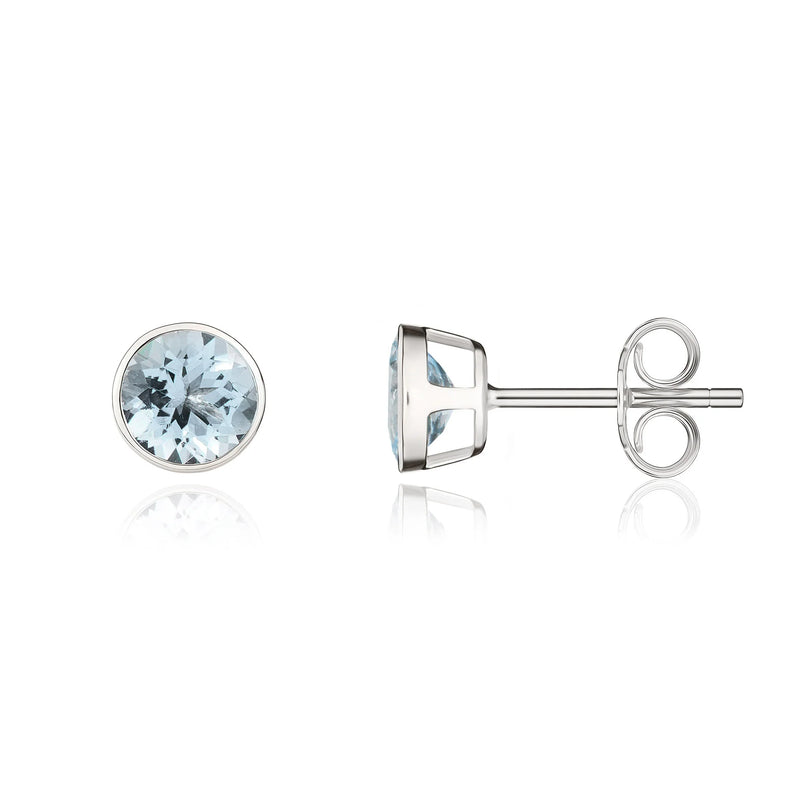 9ct White Gold Aquamarine 5mm Round Rubover Stud Earrings