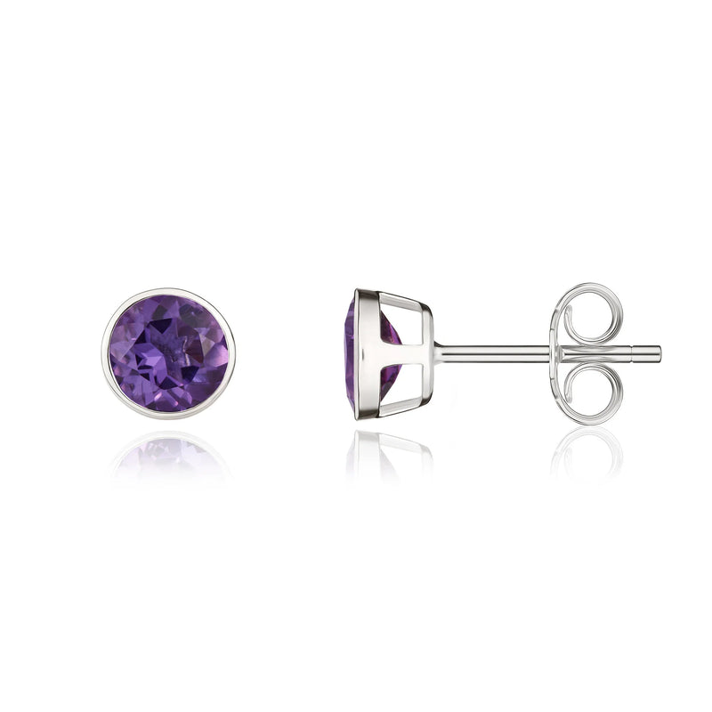9ct White Gold Amethyst 5mm Round Rubover Stud Earrings