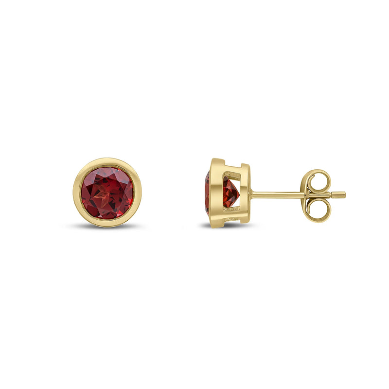 9ct Yellow Gold Garnet 6mm Round Rubover Stud Earrings