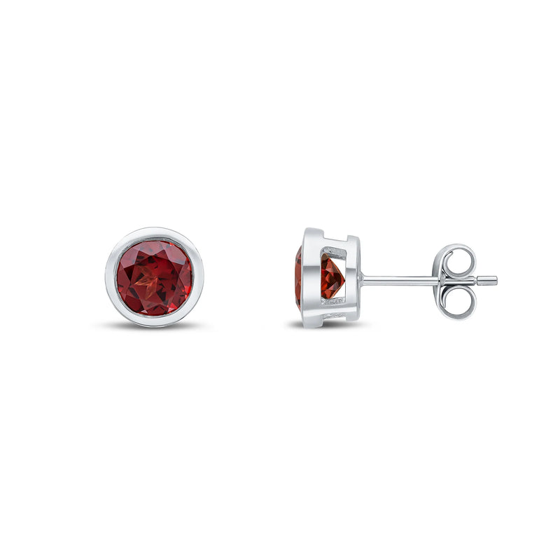 9ct White Gold Garnet 6mm Round Rubover Stud Earrings