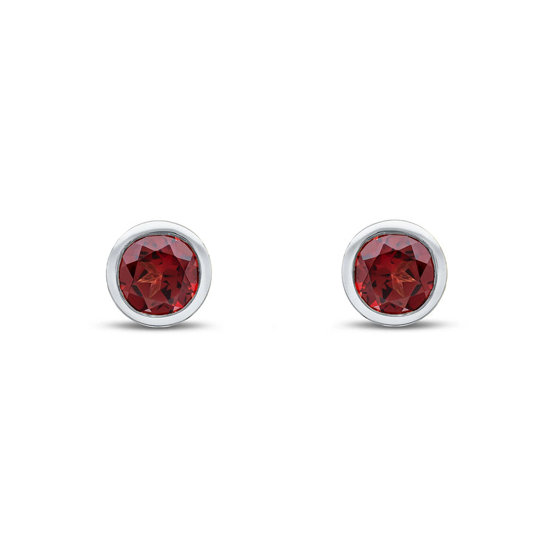 9ct White Gold Garnet 6mm Round Rubover Stud Earrings