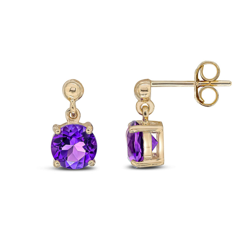 9ct Yellow Gold Amethyst 6mm Round 4-Claw Drop Earrings