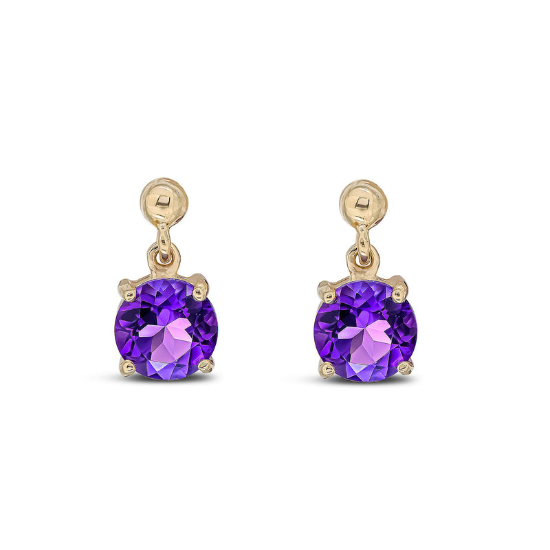 9ct Yellow Gold Amethyst 6mm Round 4-Claw Drop Earrings