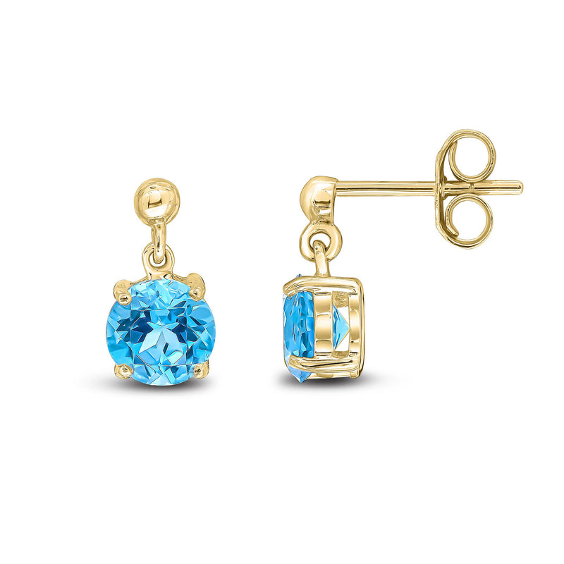 9ct Yellow Gold Swiss Blue Topaz 6mm Round 4-Claw Drop Earrings
