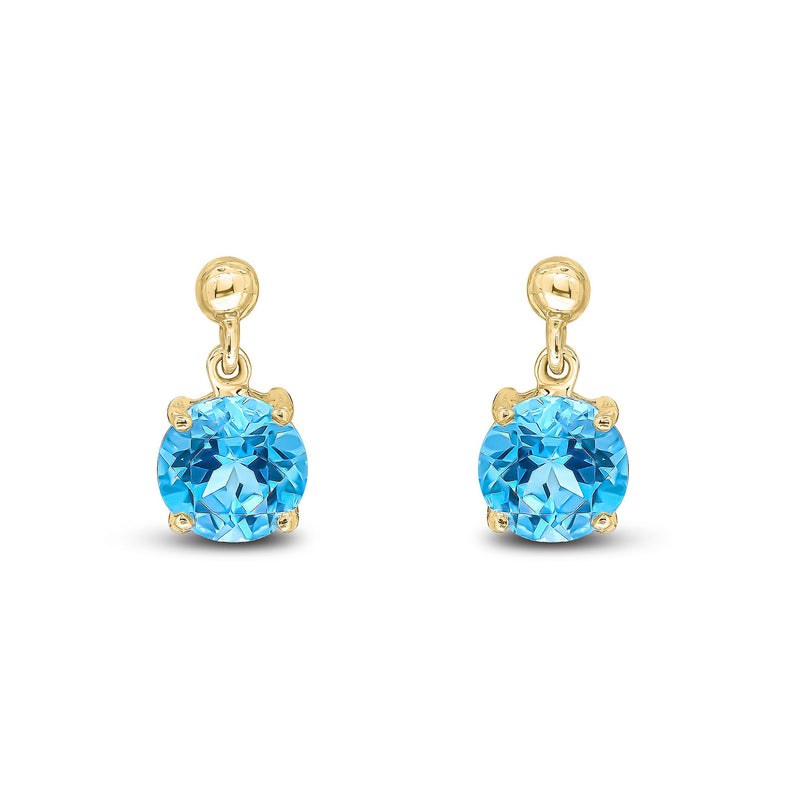 9ct Yellow Gold Swiss Blue Topaz 6mm Round 4-Claw Drop Earrings