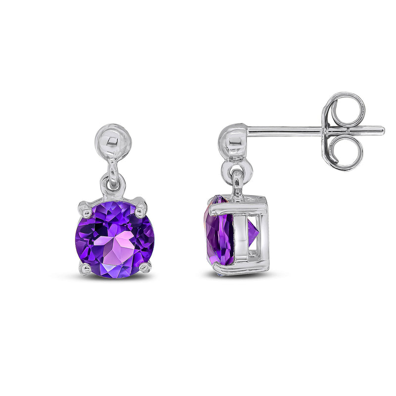 9ct White Gold Amethyst 6mm Round 4-Claw Drop Earrings