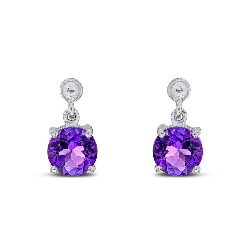 9ct White Gold Amethyst 6mm Round 4-Claw Drop Earrings