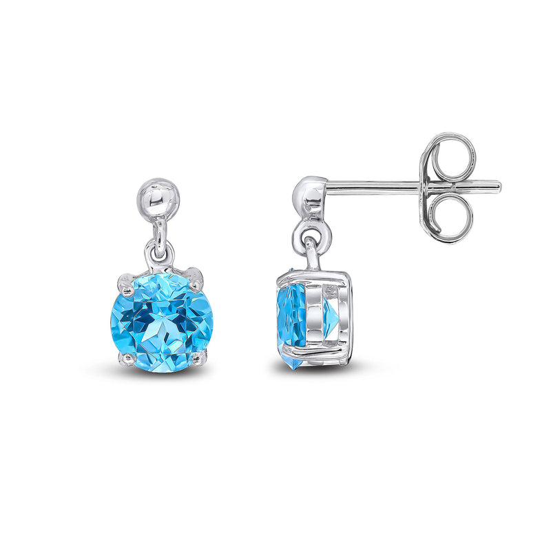 9ct White Gold Swiss Blue Topaz 6mm Round 4-Claw Drop Earrings