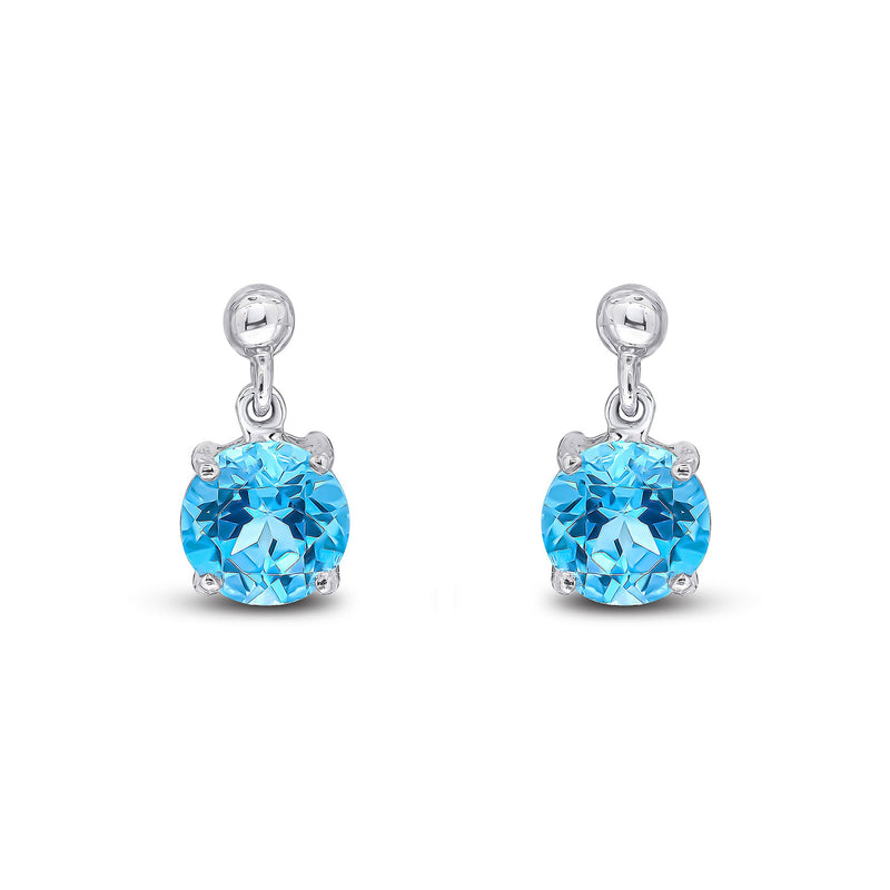 9ct White Gold Swiss Blue Topaz 6mm Round 4-Claw Drop Earrings