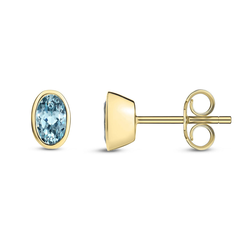 9ct Yellow Gold Aquamarine Oval Rubover Stud Earrings 5x3mm