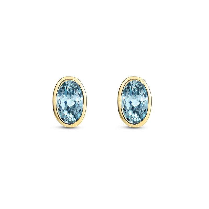 9ct Yellow Gold Aquamarine Oval Rubover Stud Earrings 5x3mm
