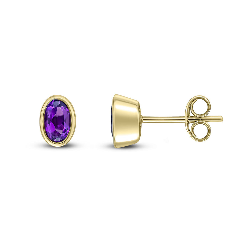 9ct Yellow Gold Amethyst Oval Rubover Stud Earrings 5x3mm