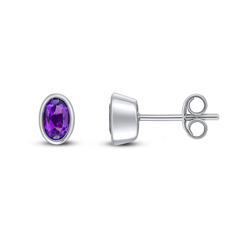 9ct White Gold Amethyst Oval Rubover Stud Earrings 5x3mm