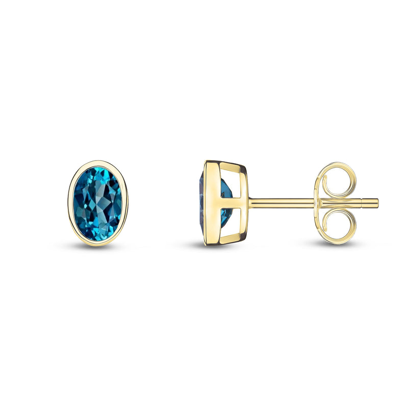 9ct Yellow Gold London Blue Topaz Oval Rubover Stud Earrings 6x4mm