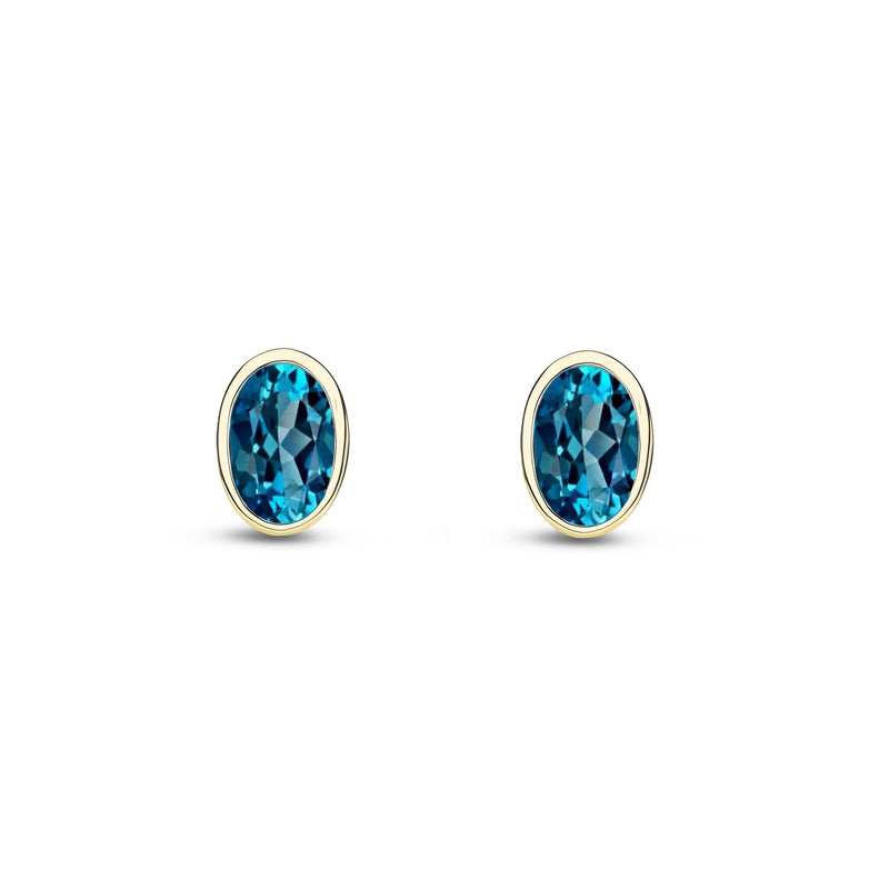 9ct Yellow Gold London Blue Topaz Oval Rubover Stud Earrings 6x4mm