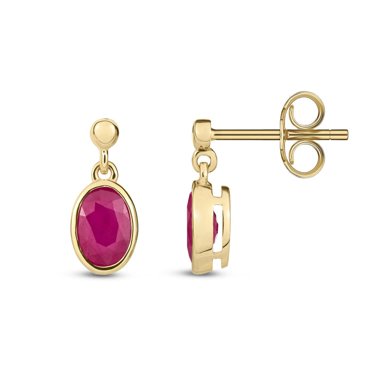 9ct Yellow Gold Ruby Oval Rubover Stud Drop Earrings 6x4mm