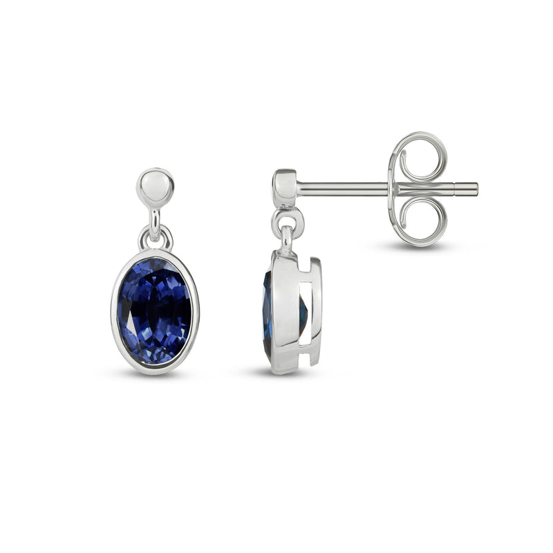 9ct White Gold Sapphire Oval Rubover Stud Drop Earrings 6x4mm