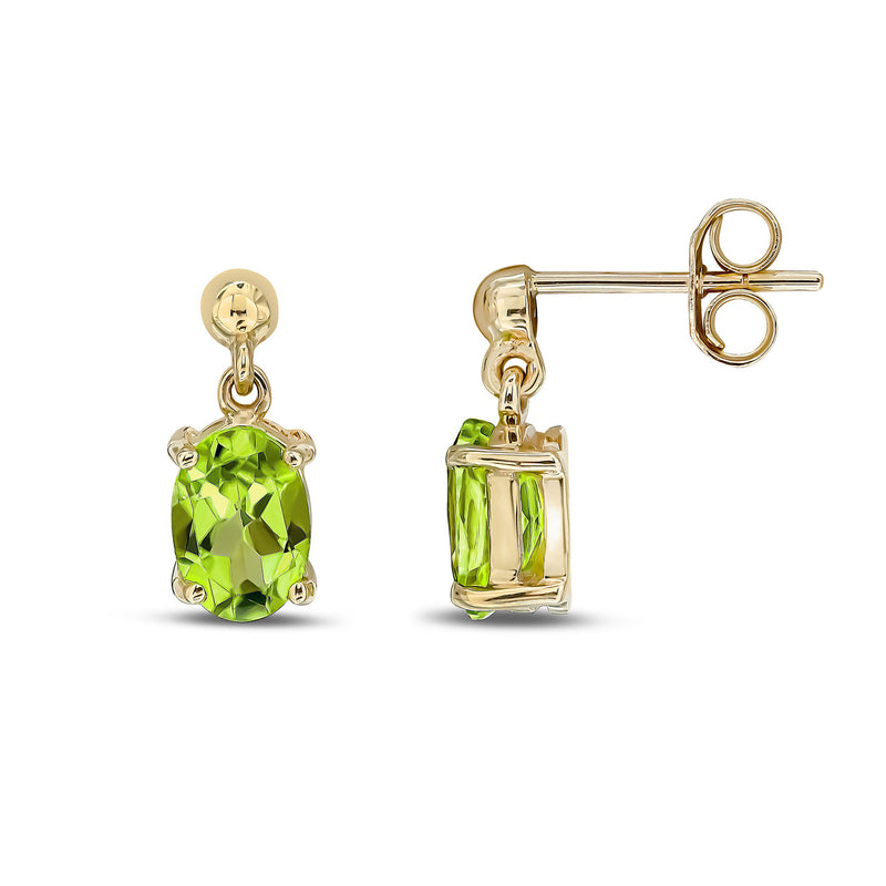 9ct Yellow Gold Peridot Oval 4-Claw Stud Drop Earrings 7x5mm