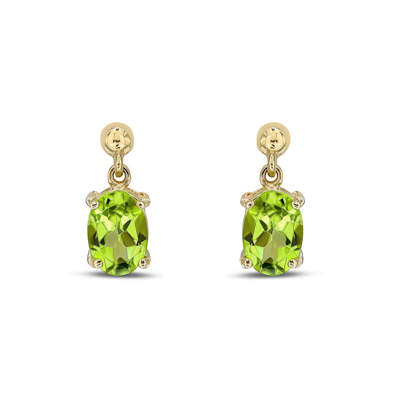 9ct Yellow Gold Peridot Oval 4-Claw Stud Drop Earrings 7x5mm