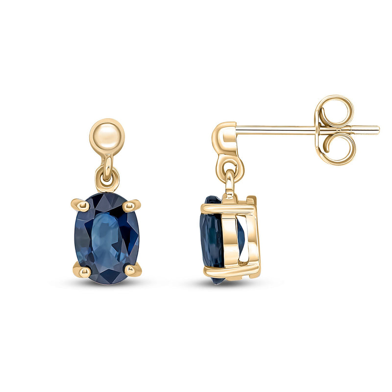 9ct Yellow Gold Sapphire Oval 4-Claw Stud Drop Earrings 7x5mm