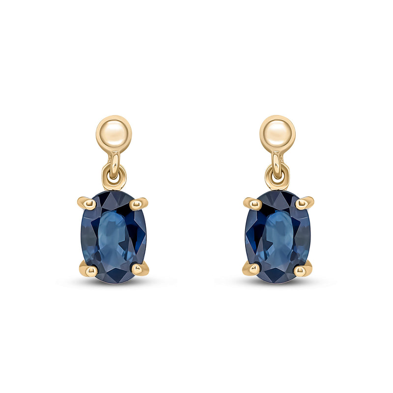 9ct Yellow Gold Sapphire Oval 4-Claw Stud Drop Earrings 7x5mm