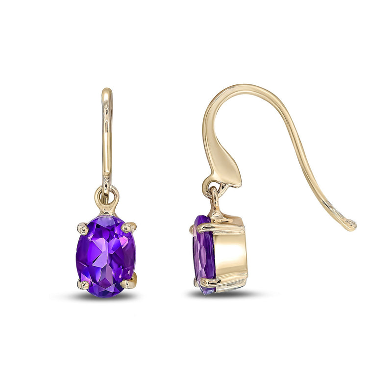 9ct Yellow Gold Amethyst Oval 4-Claw Drop Earrings 7x5mm