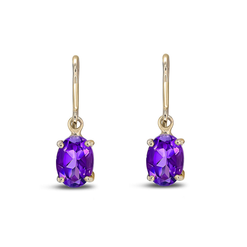 9ct Yellow Gold Amethyst Oval 4-Claw Drop Earrings 7x5mm