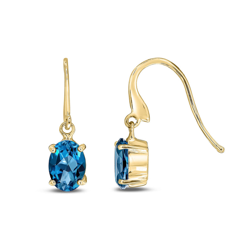 9ct Yellow Gold London Blue Topaz Oval 4-Claw Drop Earrings 7x5mm