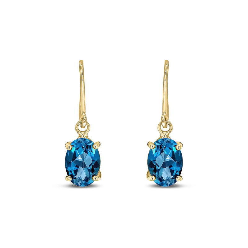 9ct Yellow Gold London Blue Topaz Oval 4-Claw Drop Earrings 7x5mm
