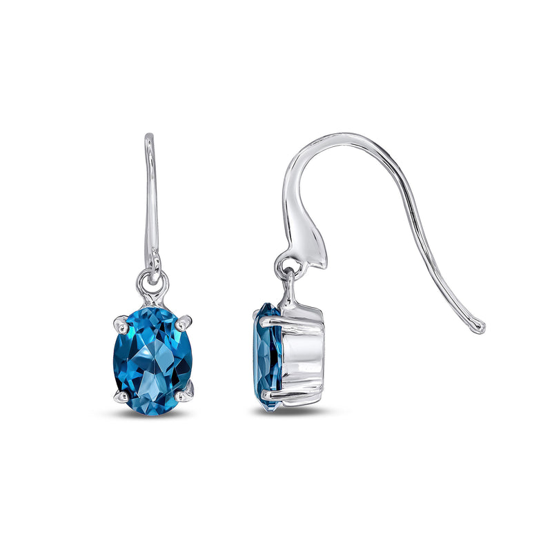 9ct White Gold London Blue Topaz Oval 4-Claw Drop Earrings 7x5mm