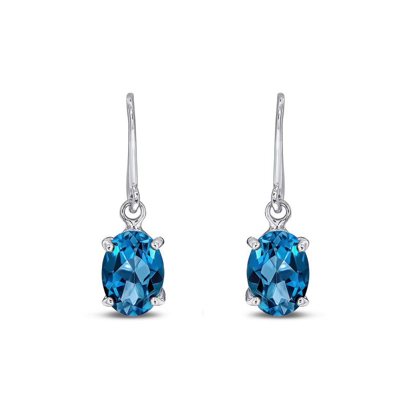 9ct White Gold London Blue Topaz Oval 4-Claw Drop Earrings 7x5mm