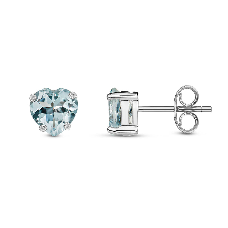 9ct White Gold Aquamarine Heart 4-Claw Stud Earrings 6x6mm