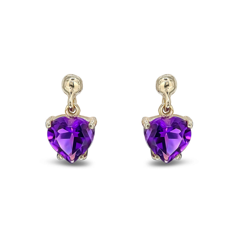 9ct Yellow Gold Amethyst Heart 4-Claw Drop Stud Earrings 6x6mm