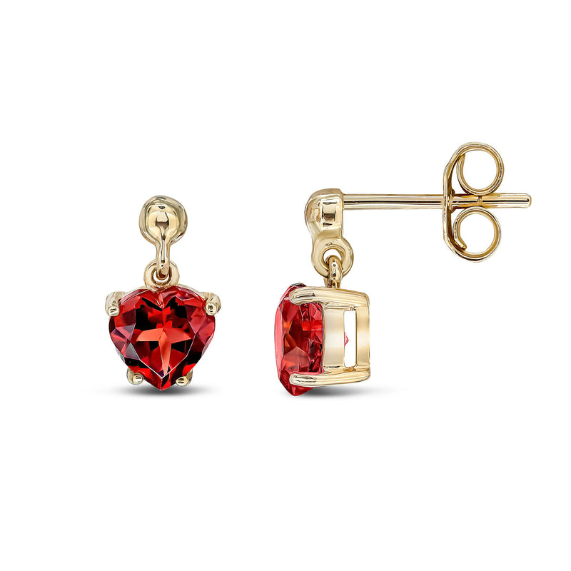9ct Yellow Gold Garnet Heart 4-Claw Drop Stud Earrings 6x6mm