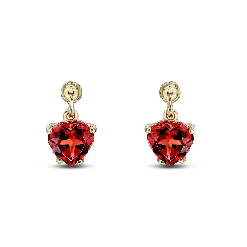 9ct Yellow Gold Garnet Heart 4-Claw Drop Stud Earrings 6x6mm
