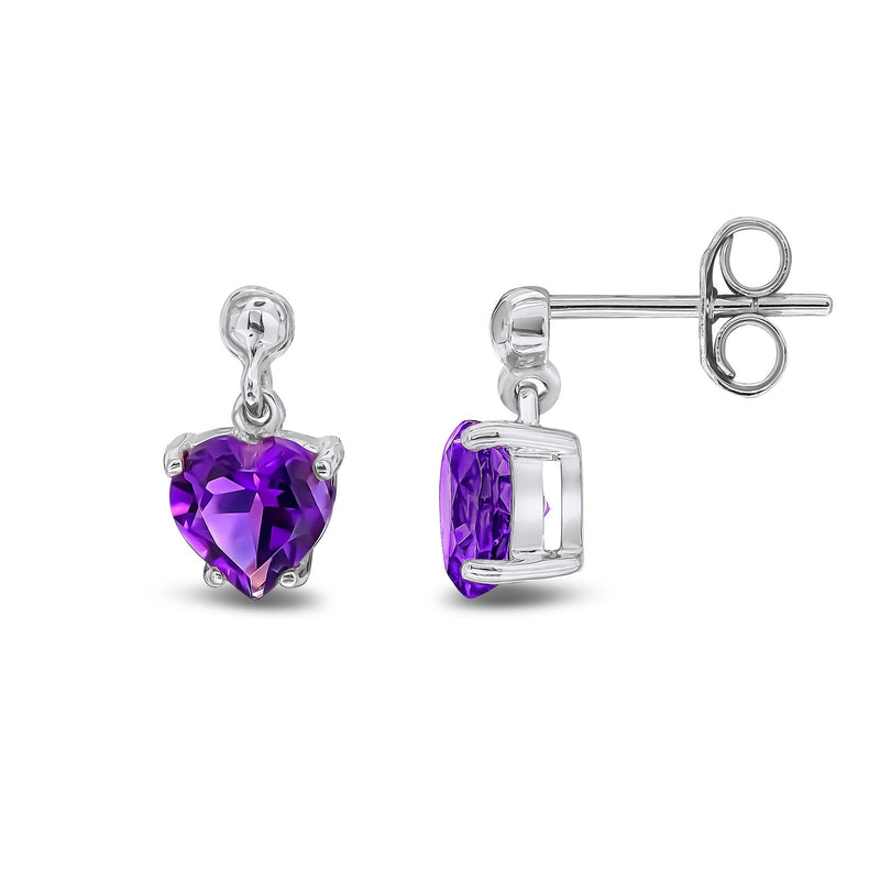 9ct White Gold Amethyst Heart 4-Claw Drop Stud Earrings 6x6mm
