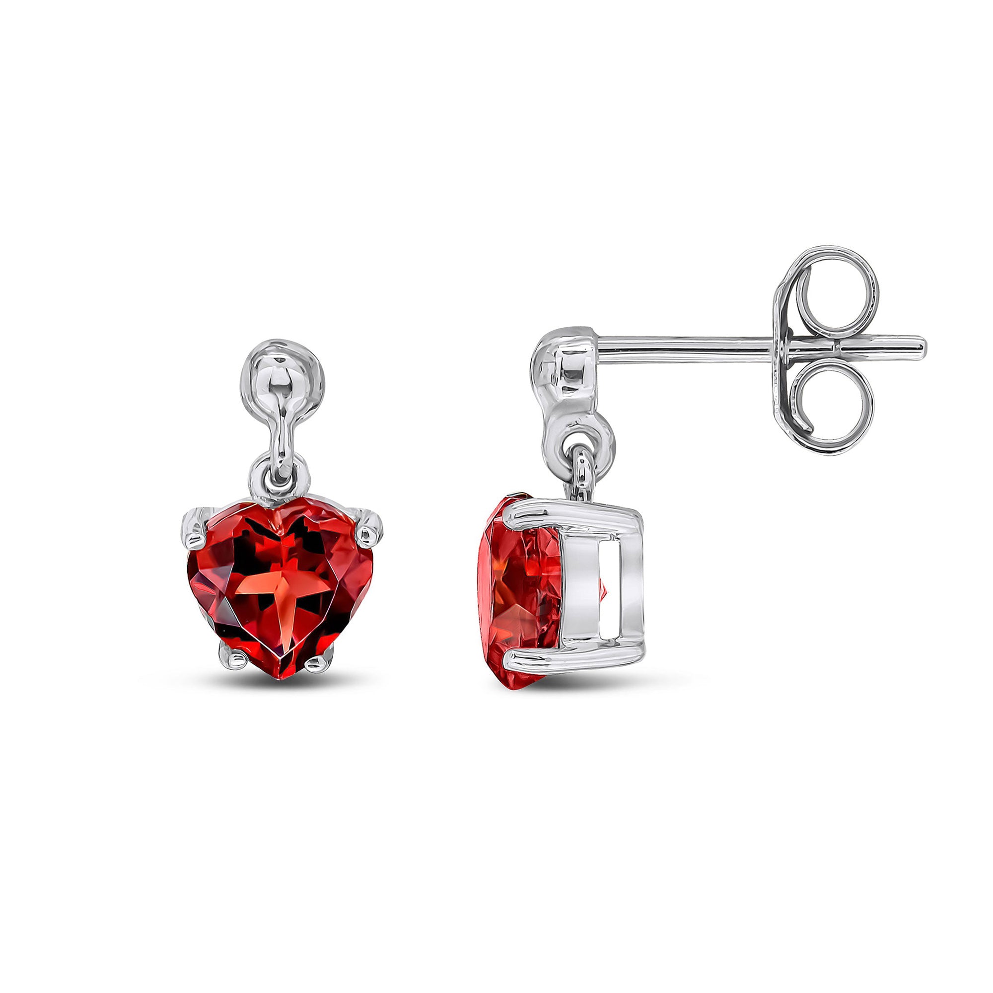 9ct White Gold Garnet Heart 4-Claw Drop Stud Earrings 6x6mm