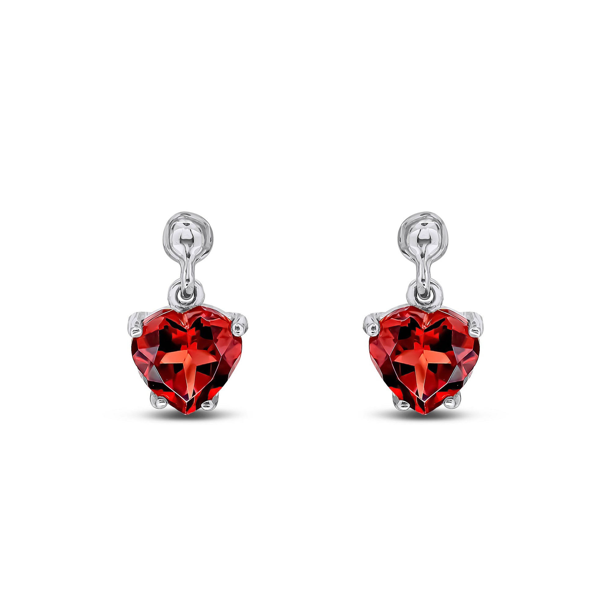 9ct White Gold Garnet Heart 4-Claw Drop Stud Earrings 6x6mm