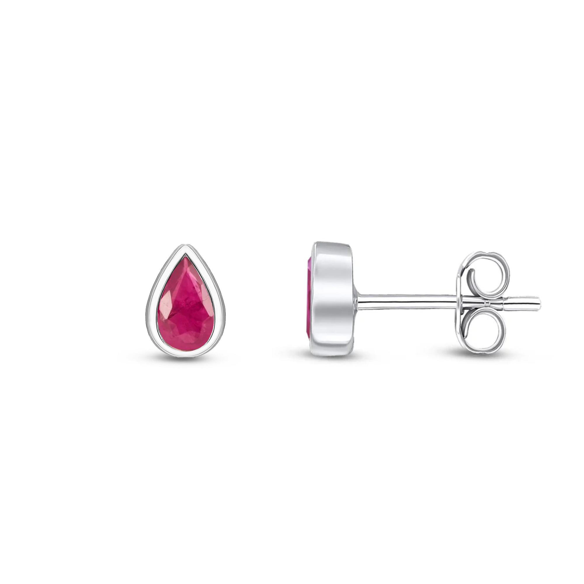 A pair of 9ct gold stud earrings featuring teardrop-shaped Ruby gemstones, set against a plain white background.
