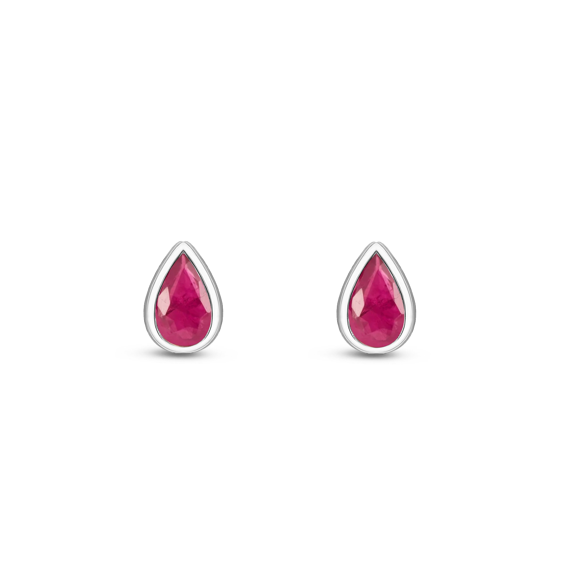 A pair of 9ct gold stud earrings featuring teardrop-shaped Ruby gemstones, set against a plain white background.