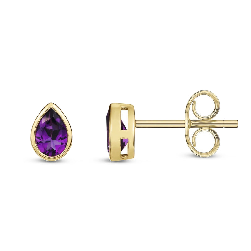 9ct Yellow Gold Amethyst Pear Rubover Stud Earrings 6x4mm