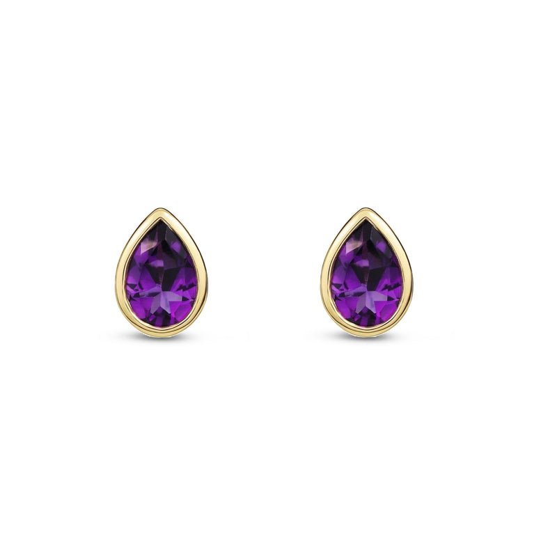 9ct Yellow Gold Amethyst Pear Rubover Stud Earrings 6x4mm