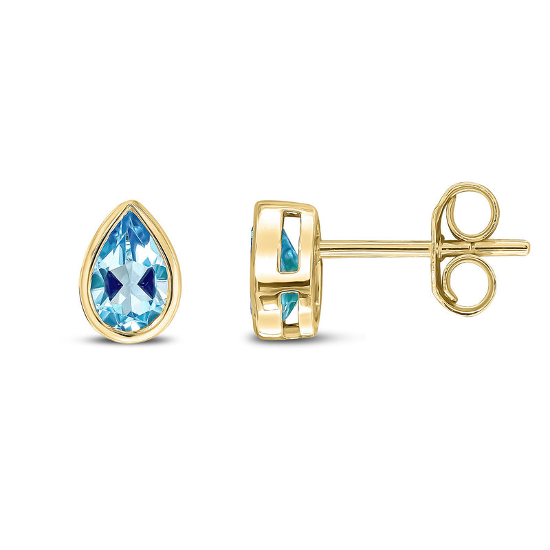 9ct Yellow Gold Swiss Blue Topaz Pear Rubover Stud Earrings 6x4mm