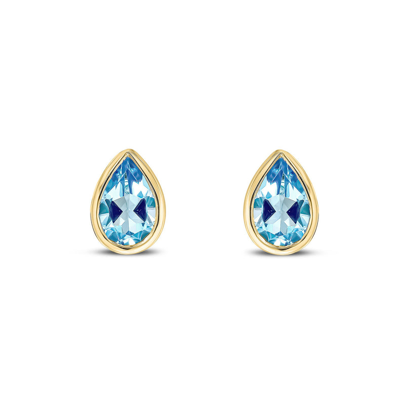 9ct Yellow Gold Swiss Blue Topaz Pear Rubover Stud Earrings 6x4mm
